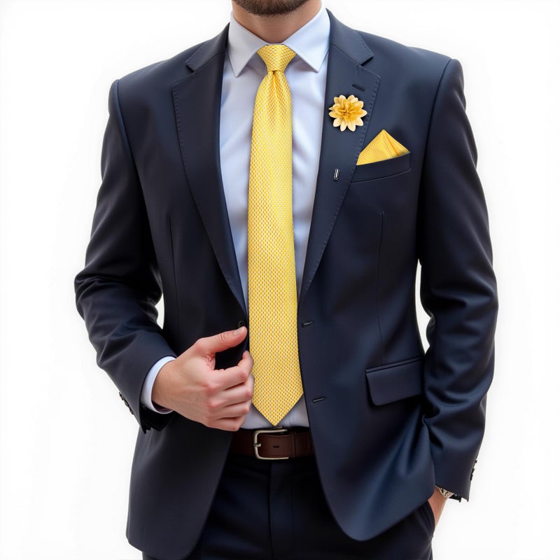 DiBanGu Silk Ties for Men Necktie and Lapel Pin Brooch Set Formal Woven Paisley Plaid Striped Solid Tie Wedding Party, Mustard Yellow - Image 2
